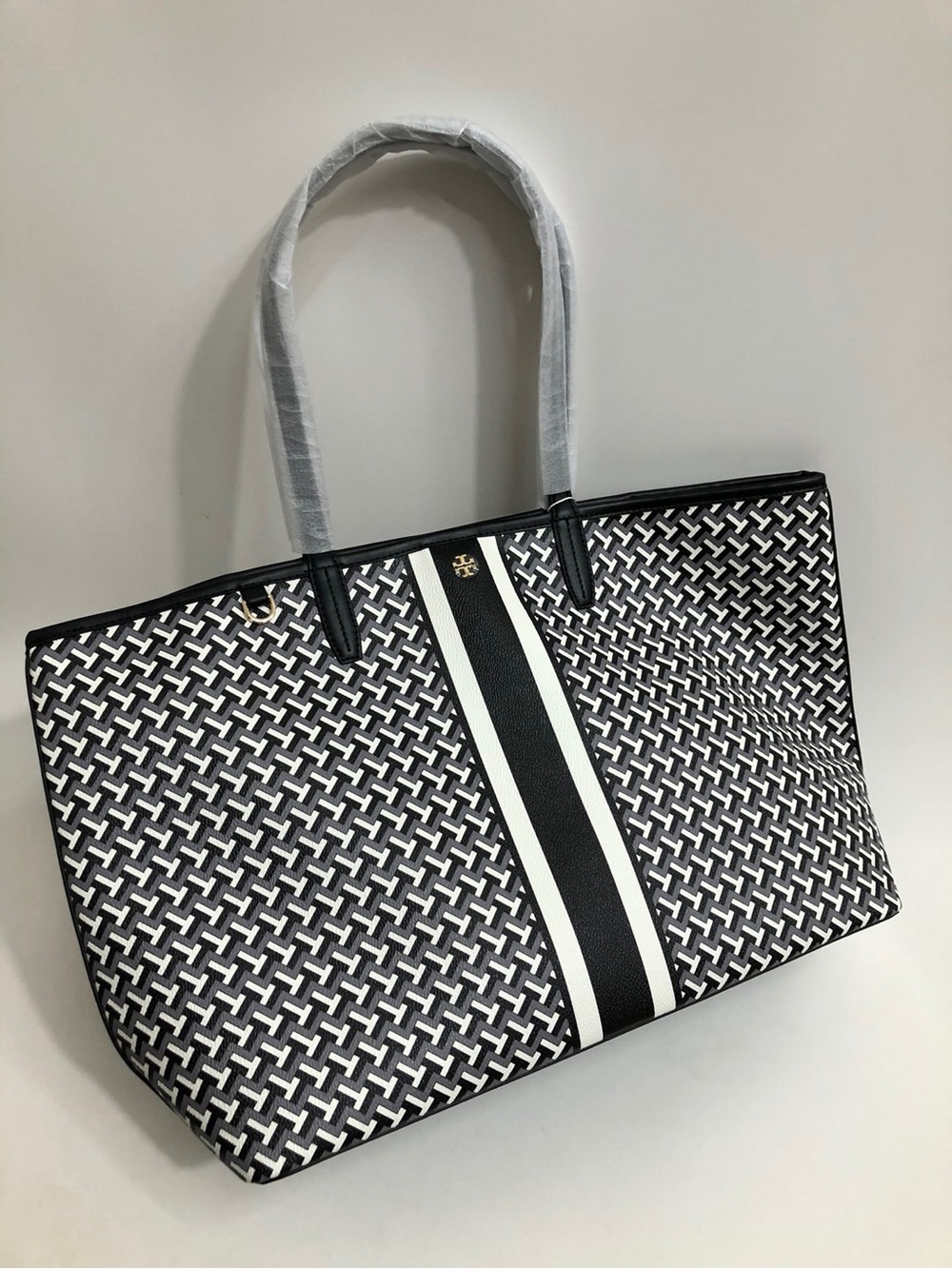 Tory Burch Black and White Patterned Stripe Tote